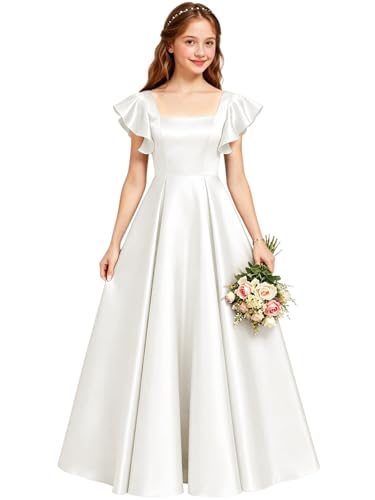 Raccua White Junior Bridesmaid Dresses Satin Square Neck the First Communion Gown for Flower Girl Long Graduation Dress for Teen Girls 14