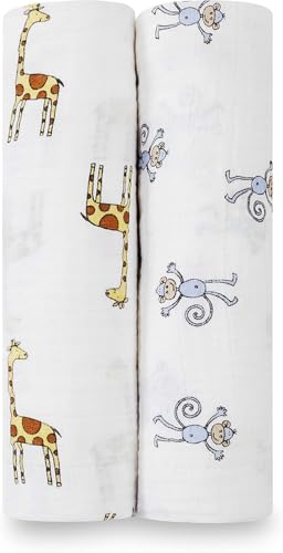 Image of aden + anais Swaddle Blanket, Boutique Muslin Blankets for Girls & Boys, Baby Receiving Swaddles, Ideal Newborn & Infant Swaddling Set, Perfect Shower Gifts, 2 Pack, Jungle Jam