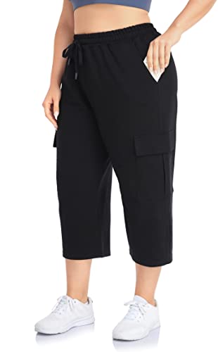 Zerdocean Women's Plus Size Cargo Capri Sweatpants Active Workout Casual Sweat Crop Pants Pockets Drawstring Black 5X #TOP1