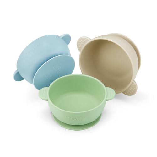 Image of PandaEar 3 Pack Baby Bowls with Suction| Stay Put Silicone Food Bowl for Babies Kids Toddlers Infants| Food Grade Soft Safe BPA-Free Silicone (Blue Green Linen)