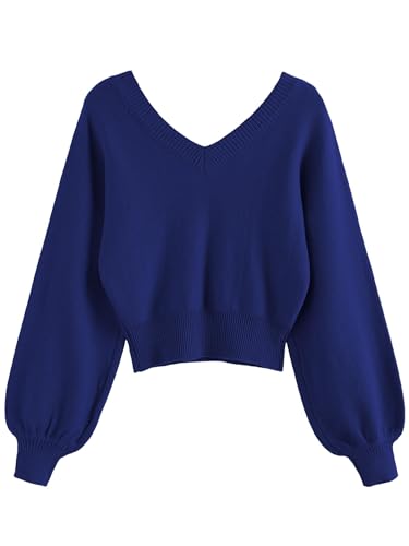 Image of ZAFUL Women's Cropped Sweater V-Neck Long Sleeve Pullover Jumper Knit Top | Crop Length, Ribbed Knit, Double V design, White sweater, Raglan sleeves, lantern sleeve, Fall & Winter, Loose fit, Oversized