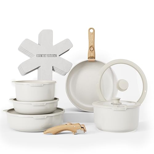Image of Country Kitchen Cookware Set with Removable Handle, Oven & RV Safe Pots and Pans Set, Cream Gold Speckle Wood Handle, Original