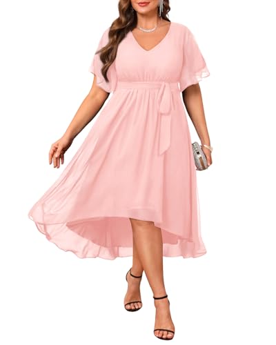 Talisea Kleid in Übergröße, für Hochzeitsgäste – formelles Cocktailkleid, Chiffon, V-Ausschnitt, Kurze Ärmel, hoch niedrig, kurvige...