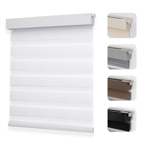 Joydeco No Drill Zebra Blinds for Windows, Cordless Day & Night Dual Sheer Roller Shades, Easy Installation, Free-Stop Lift System, Light Filtering Privacy Blinds for Home(White,46" W x 75" H)