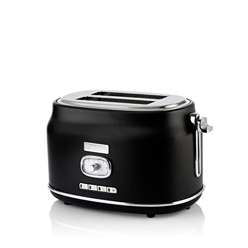 Westinghouse Retro Toaster 2 Scheiben, Abnehmbarer Brötchenaufsatz, 6 Bräunungsstufen, Brotzentrierung, Auftau-, Aufwärm- & Stoppfunktion, Kontrollleuchte, Ausziehbare Krümelschale, schwarz