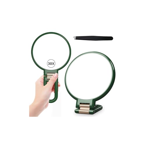 Auxmir 30X Magnifying Mirror with Tweezers, Hand Mirror with Handle, Double-sided Hand with 30X/1X Magnification, Travel Essential Portable Foldable Makeup Mirrors, 360° Rotation for Makeup, Emerald