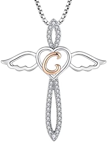 FJ Letter Initial Necklace 925 Sterling Silver Guardian Angel Necklace Alphabet Personalised Pendant with Cubic Zirconia Jewellery Gifts for Women Girls