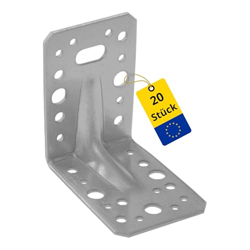 DMX - Winkelverbinder mit Sicke 20er-Pack 90x90x65 - Schwerlastwinkel - Holzverbinder - Metallverbinder für Holz - Lochblech - Verzinktes Blech 2,0mm - Stahlwinkel - Montagewinkel KPL
