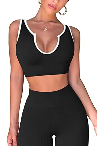 Work Out Sets Womens - Gym Two Piece Outfits 2 Pc Workout Seamless Crop Tank Tops High Waist Yoga Leggings Skinny Pants Black X-Large #TOP1