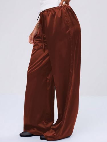 Image of MakeMeChic Women's Summer Satin Silk Pants Casual Flowy Pants Beach Vacation Wide Leg Pants