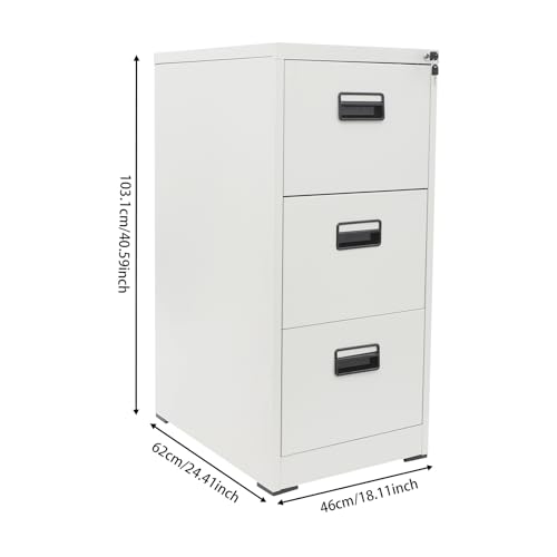 Abschließbarer Aktenschrank aus Metall mit 3 Kalbs-Design, mit Schlüssel, Büro, geräumig, oben, sicher, 46 x 62 x 103,1 cm, Weiß