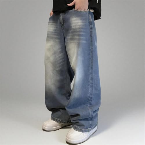 Men's Old Blue Washed Baggy Jeans Straight Casual Loose Wide Leg Trousers2
