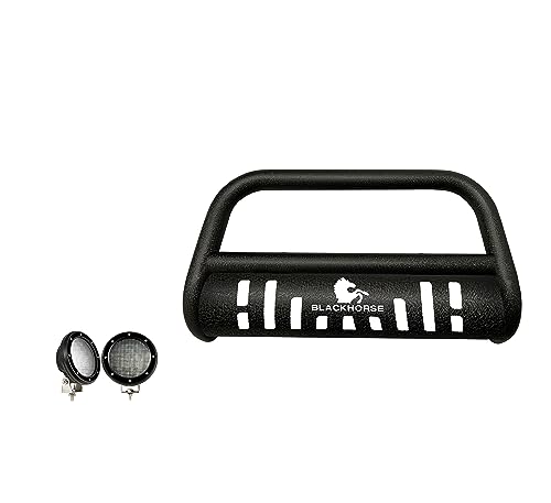 Image of Black Horse Bull Bar-T Textured Black Come with Pair of 5.3 inch Dia. LED Flood Lights With Black Trim Rings Compatible with 2001-2005 Toyota Rav4-CBT-B451SP-PLFB