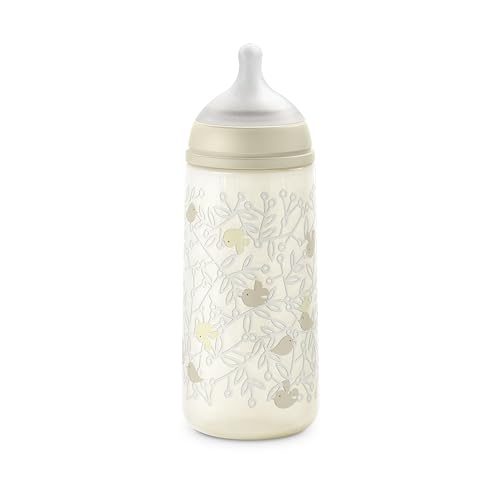 Suavinex, Biberón Anticólico de 360 ml con Tetina Fisiológica SX Pro de Silicona, de Flujo Denso (L), para Líquidos Densos, Apto Papillas Líquidas. Bebés +6 Meses. Birdies, Beige