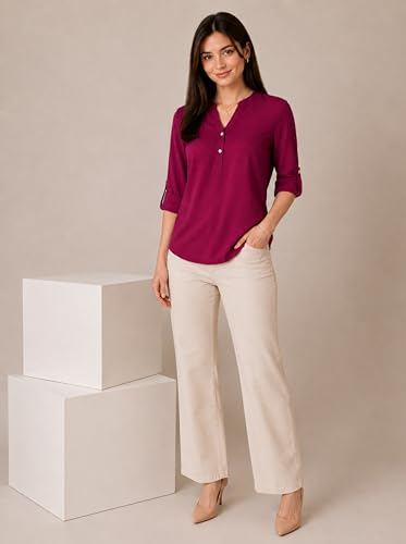 Image of FYLTR Women's Casual Roll -Up Sleeves V-Neck Top - Western Tops for Woman | Shirts for Women | Soft & Comfortable | Tops for Jeans