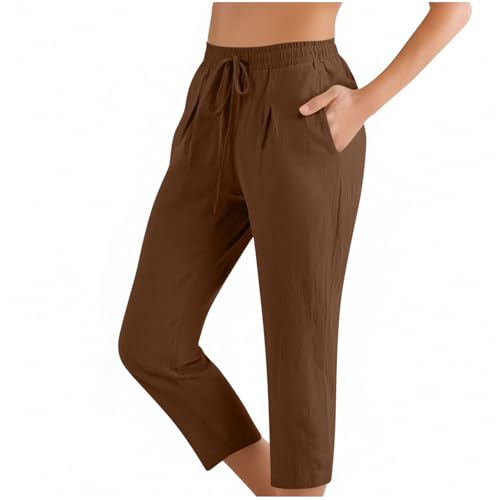 Image of ABABC Linen Capri Pants for Women Casual Straight Wide Leg Capri Pant Loose Lightweight Drawstring Beach Cropped Trousers