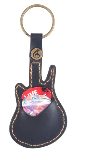 suchkawe Guitar Picks Holder with 5 Pcs Picks, Leather Keyring Keychain Guitar Picks Case Guitar Shape Plectrum Case Bag (Black) - Image 3