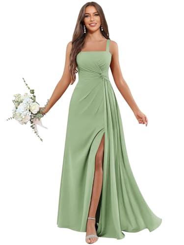 Spaghetti Straps Bridesmaid Dresses with Slit Ruched Long Formal Wedding Guest Dress