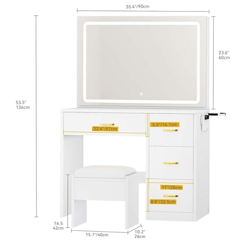 Image of DWVO Makeup Vanity with Large Mirror and LED Lights, Vanity Desk Set with Power Outlet & Chair & 3 Lighting Colors, 4 Drawers, Dressing Table Stool Set for Dressing Room, Pearl White