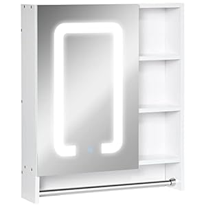 Kleankin spiegelkast badkamerspiegel met dimbare LED-verlichting, handdoekhouder wit 60 x 15 x 69 cm