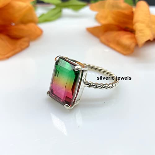 Classic Watermelon Tourmaline Ring Tourmaline Doublet Crystal Silver Ring Octagon Shape Tri Color Stone Ring Silver Jewelry (9) #TOP1