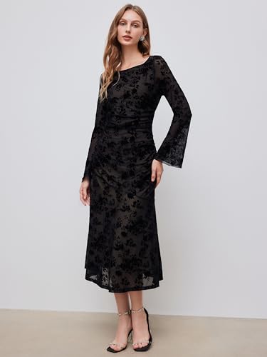 CIDER Maxi Women's Dresses Floral Lace Ruched Long Sleeve Boat Neck Party Evening Maxi Dress3