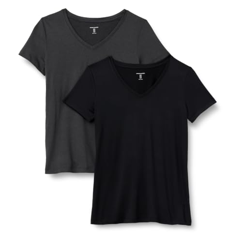 Image of Amazon Essentials Women's Active Quick Dry Tech Stretch Short-Sleeve V-Neck T-Shirt, Moisture-Wicking, Pack of 2, Heather Graphite / Black, X-Large