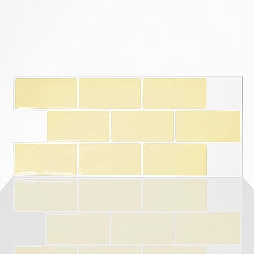 Alwayspon 10 Sheets Yellow Cream 3D Vinyl Backsplash Subway Sticker Peel and Stick Self-Adhesive Wall Tile Transfer Wall Sticker Sheets for Kithchen Bathroom 12x6inch