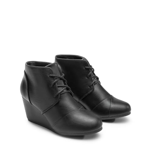 DREAM PAIRS TOMSON Women's Casual Fashion Outdoor Lace Up Low Wedge Heel Booties Shoes black Pu 7.5 B(M) US