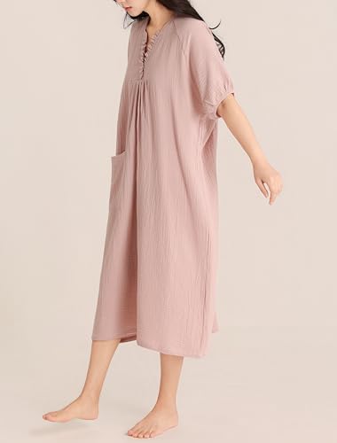 Robe de nuit femme coton froissé col V ample pour l'été - 2