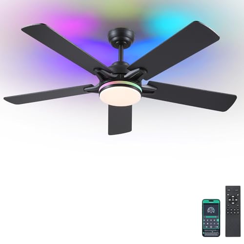 Kviflon 52 Inch Ceiling Fans with RGB Lights Indoor Outdoor Modern Black
