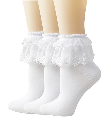 Pearl Lace Ruffle Frilly Ankle Socks for Women