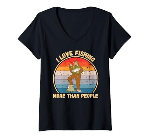 Womens Vintage Bigfoot I Love Fishing More Than People V-Neck T-Shirt