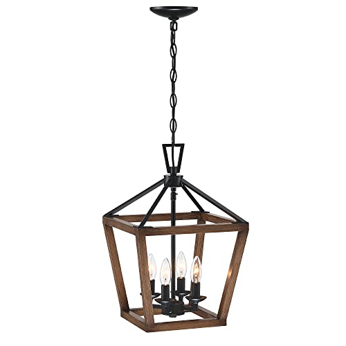 MOTINI 4-Light Wood Lantern Pendant Light in Black and Wood Finish Metal Geometric Fixture Light for Kitchen Island Cage Chandelier Farmhouse Chain Hang Lighting for Dining Room Foyer