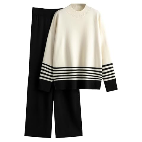 Tanming Women's Lounge Sets 2 Piece Outfits Knitted Pullover Sweater Tops Wide Leg Pants Tracksuit (Black-XL) Cover
