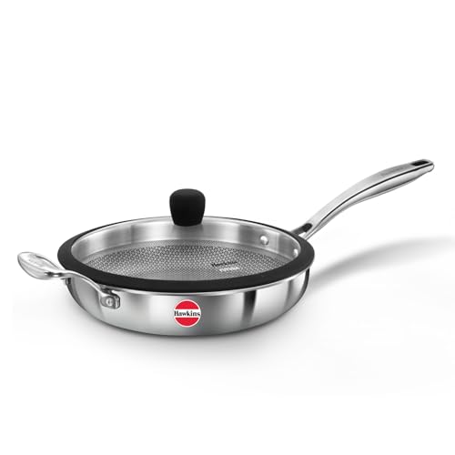 Image of Hawkins 26 cm Triply Stainless Steel Pro Frying Pan | Induction & Gas Compatible | No Burning | Even Heating | with Glass Lid | Silver (PSNF26G)|Induction and Gas Stove Compatible