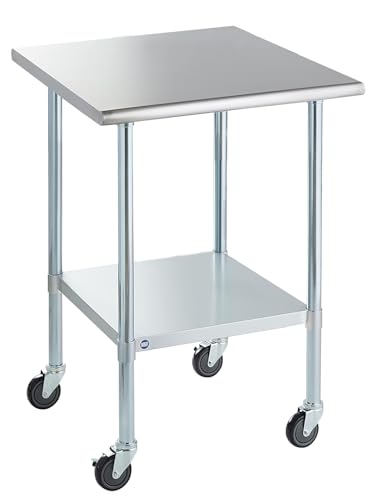 Image of ROCKPOINT Stainless Steel Table for Prep & Work with Caster Wheels 30x30 Inches, NSF Commercial Heavy Duty Table with Undershelf and Legs for Restaurant, Home and Hotel