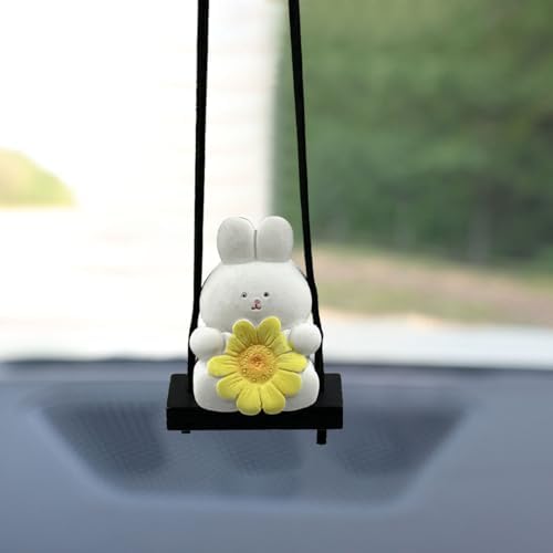 Cute Rabbit Car Swing Ornament, Cartoon Animal Rear View Mirror C...