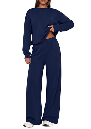 PRETTYGARDEN 2 Piece Lounge Sets for Women Casual Sweatsuits,Navy Blue,M