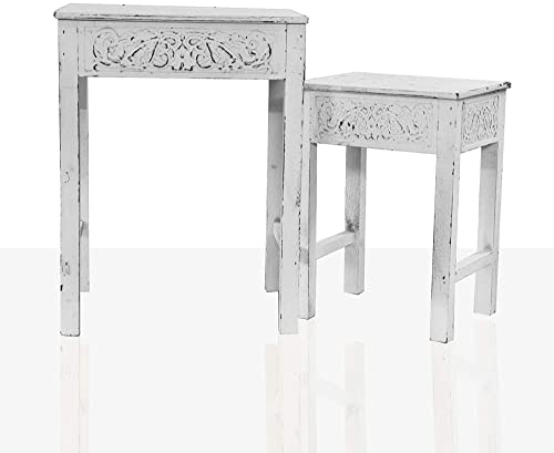 Set 2 tavolini da caffè, tavolo in legno, tavolo da telefono vintage con ornamento shabby, Set di tavolini da caffè pe soggiorno/sala d'attesa/camera da letto Tavoli di forma rettangolare bianco