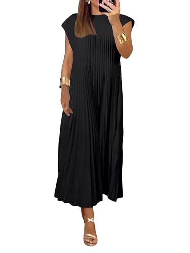 Image of GORGLITTER Women's Pleated Flowy Chiffon Church Dresses Elegant Summer Short Sleeve Wedding Guest Maxi Dress Outfits