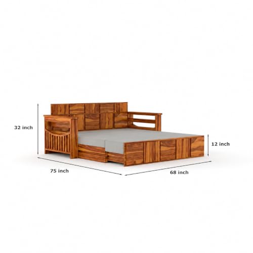 Image of Kunjal Furniture Solid Sheesham Wood Sofa Cum Bed with Storage for Living Room | Natural Finish | 3-Seater Convertible Sofa Bed | Handmade Wooden Furniture (Natural+Grey, Contemporary)