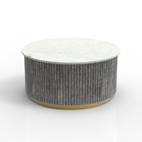 Image of Wooden Coffee Table for Living Room | Modern Round Center Table with Marble Top Fluted Wooden Base and Metal Accent Ring | Premium Marble Top Coffee Table for Home Decor (Grey Texture)