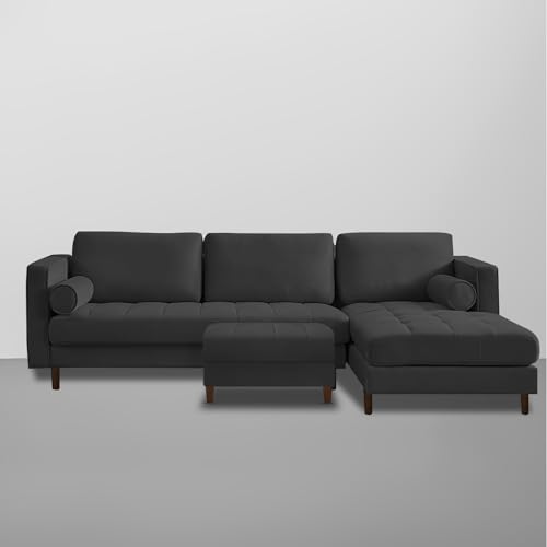 Image of Lezra RHS 4 Seater L Shape Sofa Set with Center Table for Living Room (Black Fabric) Premium Fabric Sofa