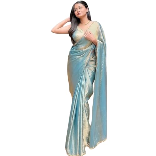 BE4ME.COM Trending Gold Two-Tone Fandy Silk Saree with Designer Border Viral Insta Party Wear Sari (Sky Blue)