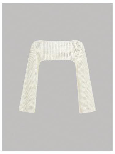 Girl's Hollow Out Crochet Knit Crop Sweater Long Flare Sleeve Boat Neck Sheer Pullovers Knitwear2