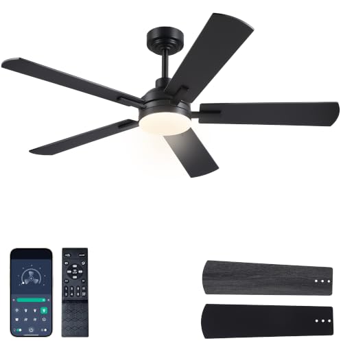 Image of JSAITEE Ceiling Fans with Lights - 52Inch Low Profile Flush Mount Ceiling Fan with Light and Remote Control, DC Reversible Motor, Dimmable, 6 Speeds Ceiling Fan for Bedroom, Kitchen, Black