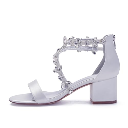 Image of Anna's Bridal Women's Low Block Heel Sandals Chunky Ankle Strap Crystal Wedding Dress Shoes Low Heel Comfortable Pump Sandals