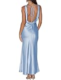 Womens Elegant Satin V Neck Backless Sleeveless Maxi Dress Silk Tie Low Back Formal Cocktail Dresses Wedding Guest Blue