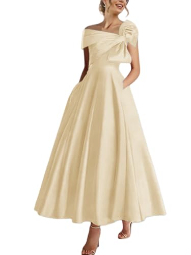 Satin Mother of The Bride Dress Tea Length Off The Shoulder A-Line Formal Prom Evening Gowns with Bow4